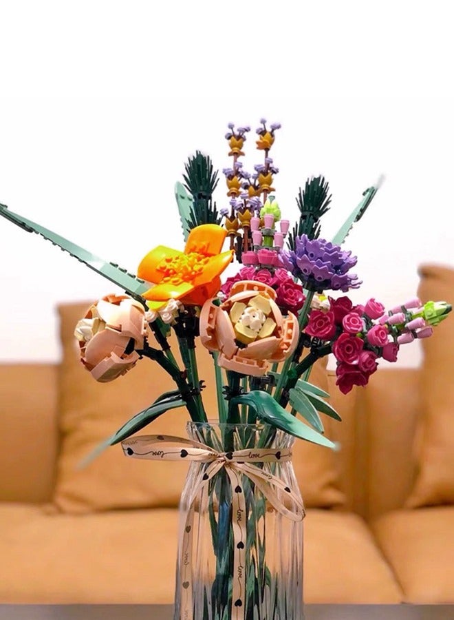 Flower Bouquet Building Decoration Set - Artificial Flowers with Roses, Decorative Home Accessories, Gift,Building Toys,756 Pieces - Image 1
